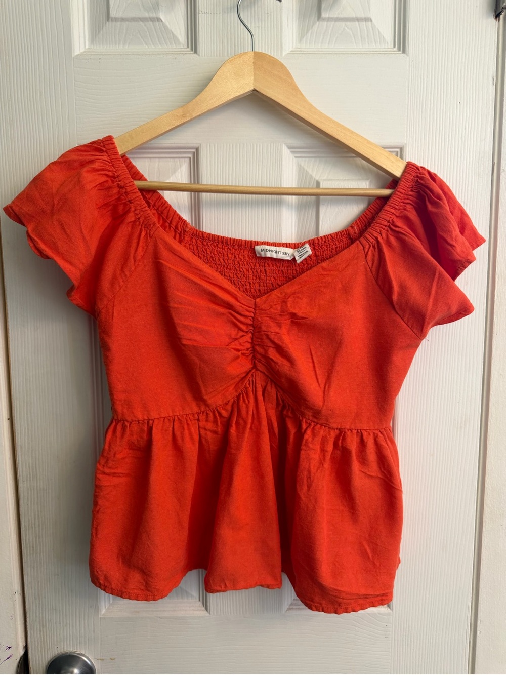 Madewell Bright Orange V-Neck Peplum Top with Ruching